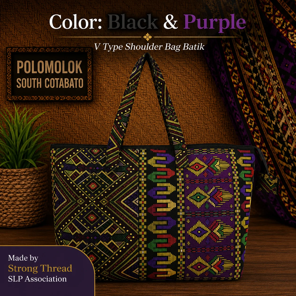 V Type Shoulder Bag Batik (Black and Purple)