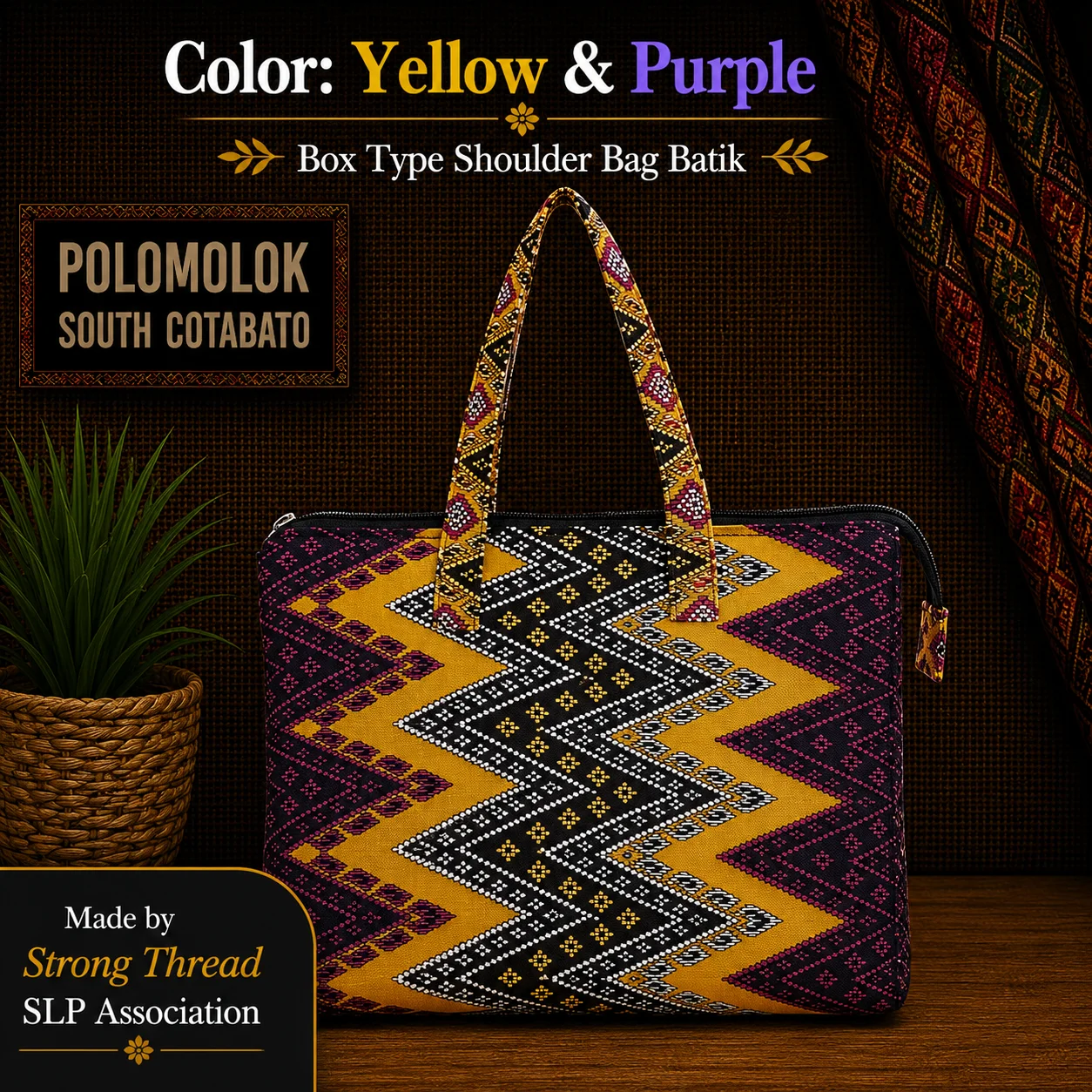 Box Type Shoulder Bag Batik (Yellow and Purple)